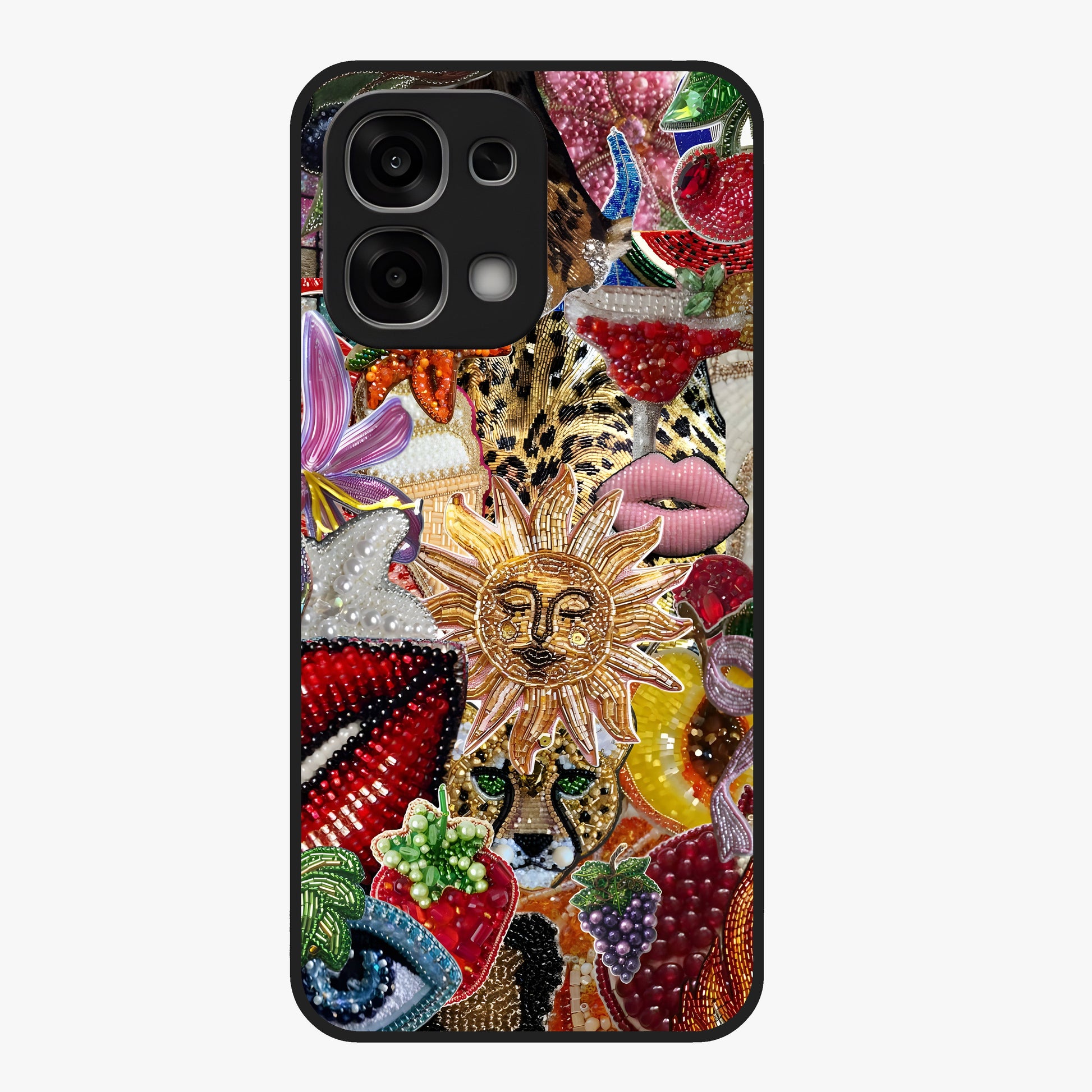 Beaded Fashion Jungle Glass Case showing flat back view with vibrant jungle inspired bead artwork and glossy glass finish.