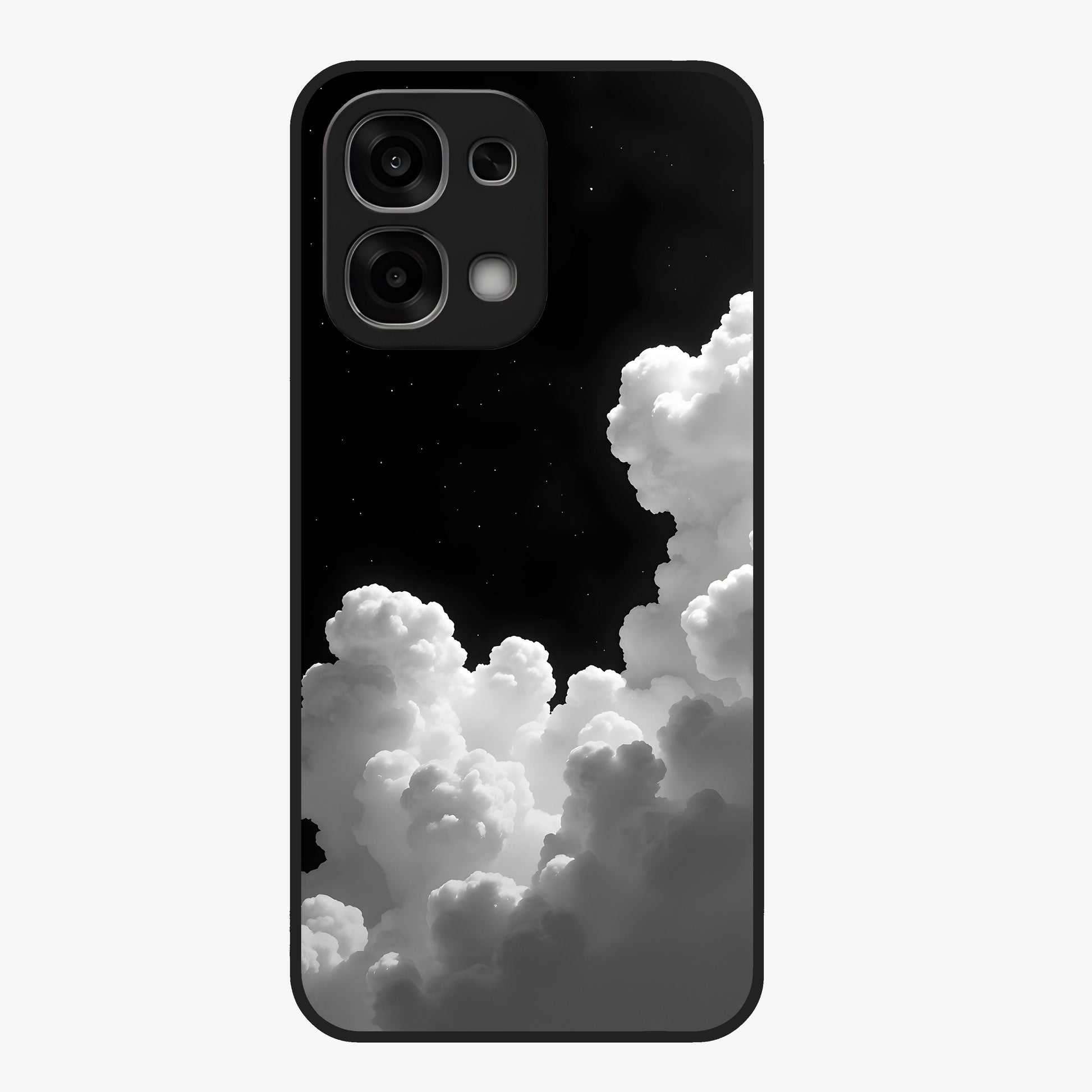 Black Background With White Cloud Glass Case showing flat back view with minimal cloud artwork on dark background and glossy glass finish.