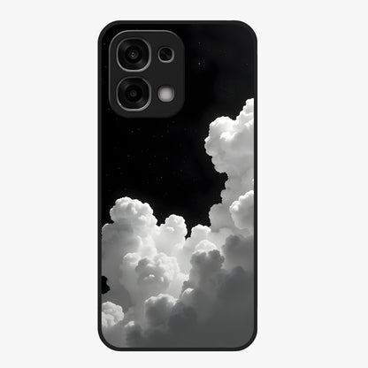 Black Background With White Cloud Glass Case showing flat back view with minimal cloud artwork on dark background and glossy glass finish.
