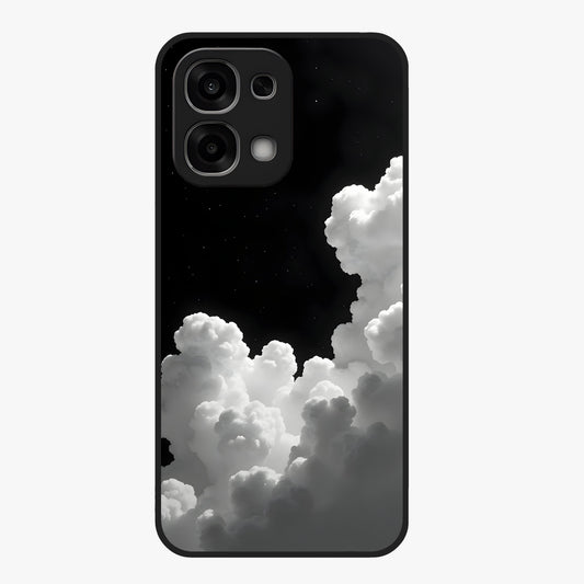 Black Background With White Cloud Glass Case showing flat back view with minimal cloud artwork on dark background and glossy glass finish.