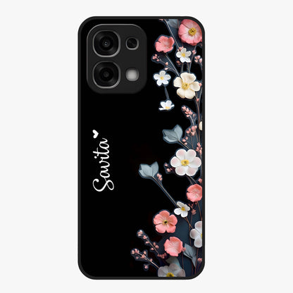 Black Elegance Floral Custom Name Glass Case showing flat back view with elegant floral artwork and personalized name design.