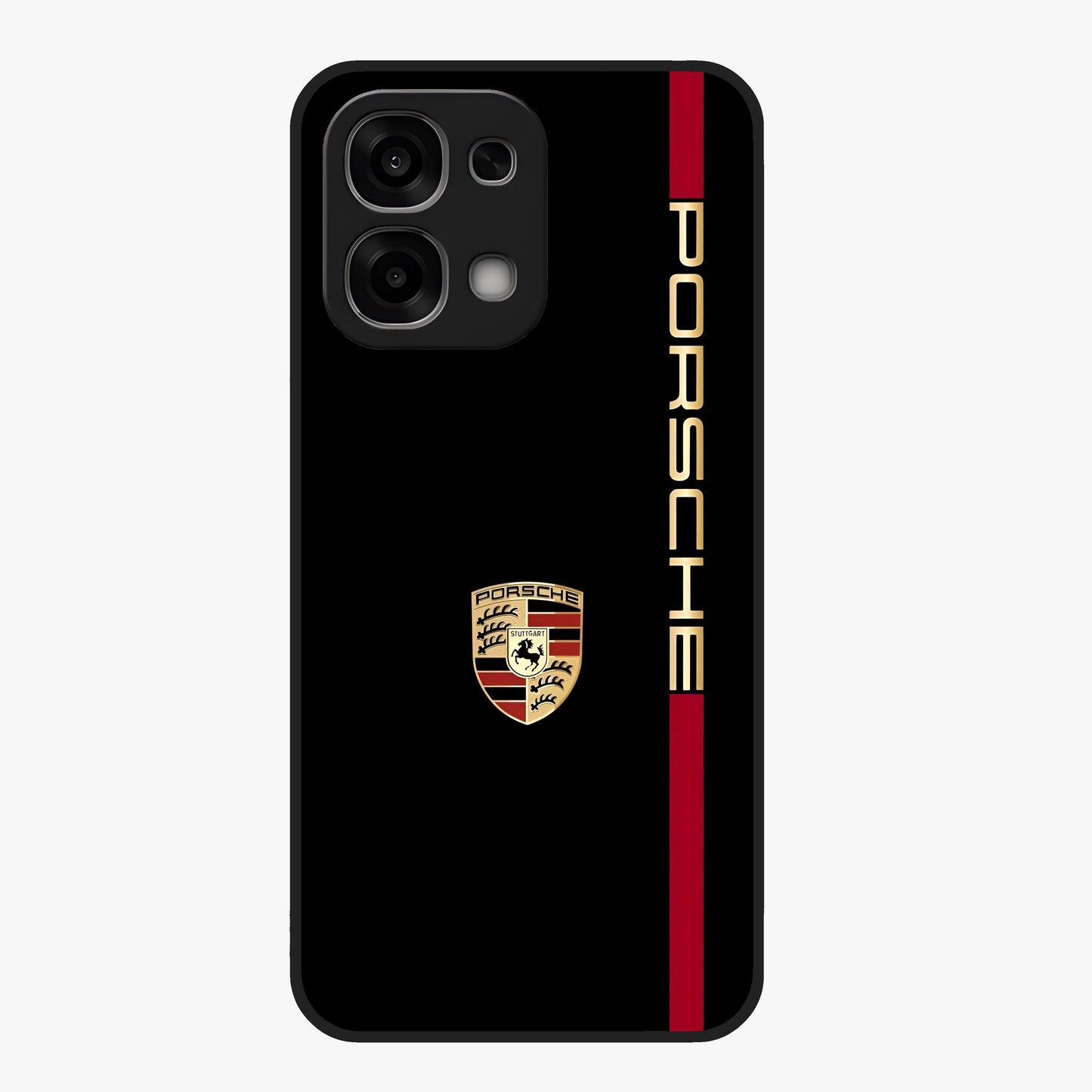 Black Minimal Porsche Glass Case showing flat back view with sleek minimal sports car artwork and glossy glass finish.