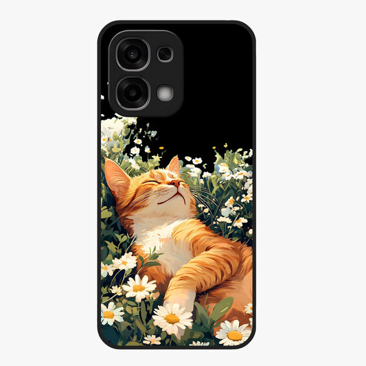 Blissful Bloom Cat Glass Case showing flat back view with cute cat and floral bloom artwork and glossy glass finish.