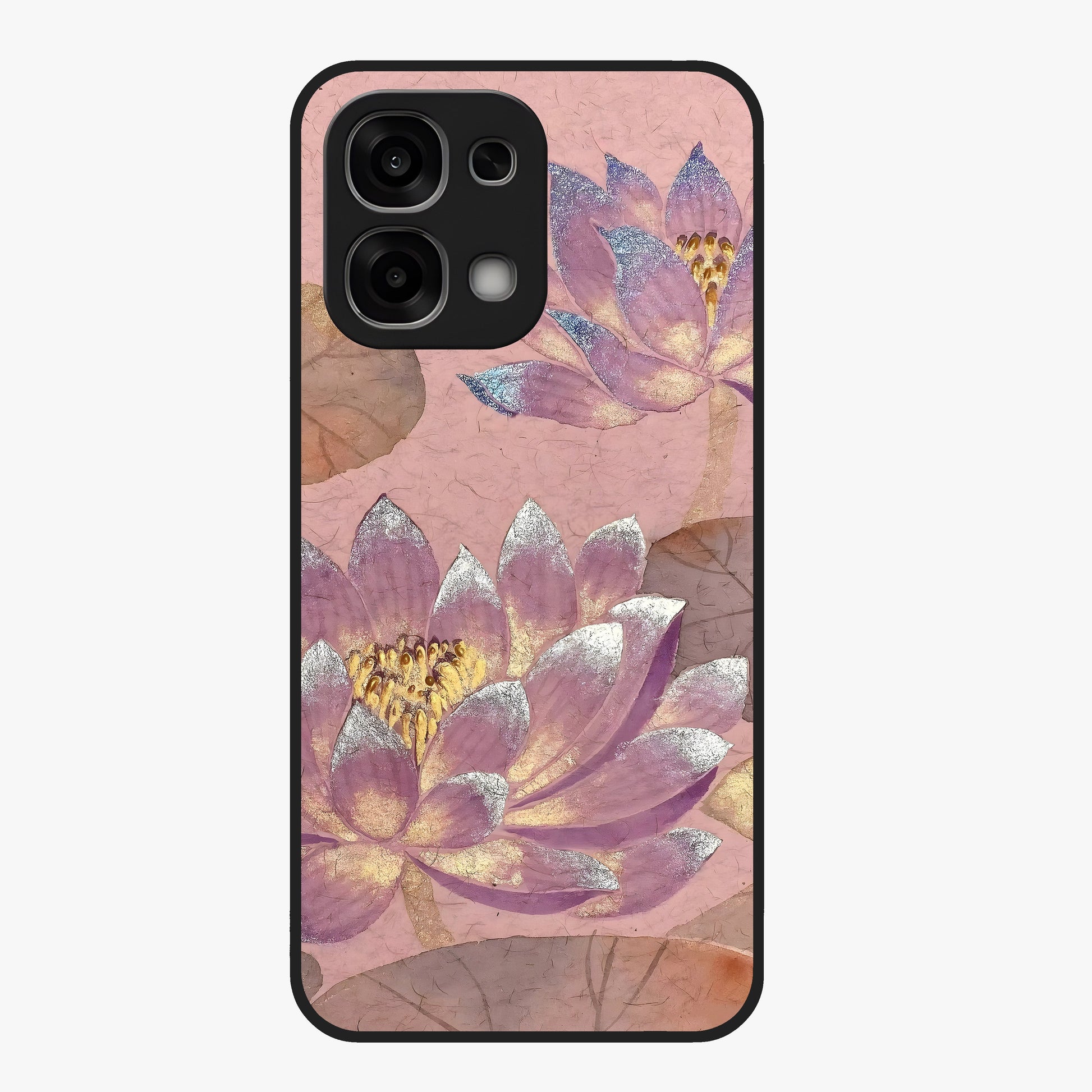 Blossom Mist Lotus Glass Case showing flat back view with serene lotus blossom artwork and glossy glass finish.