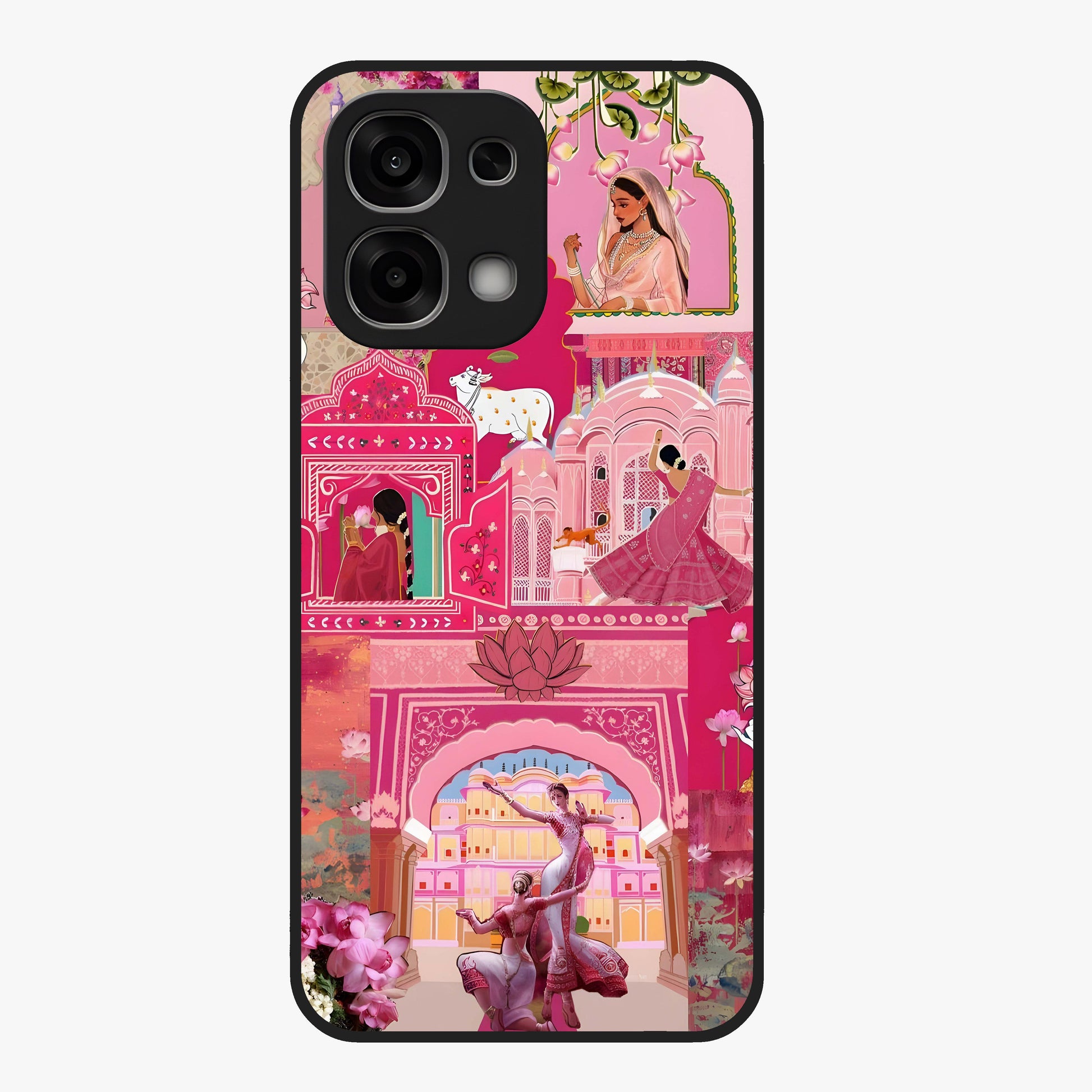 Blossoms of Rajasthan Glass Case showing flat back view with traditional floral artwork inspired by Rajasthan and glossy glass finish.