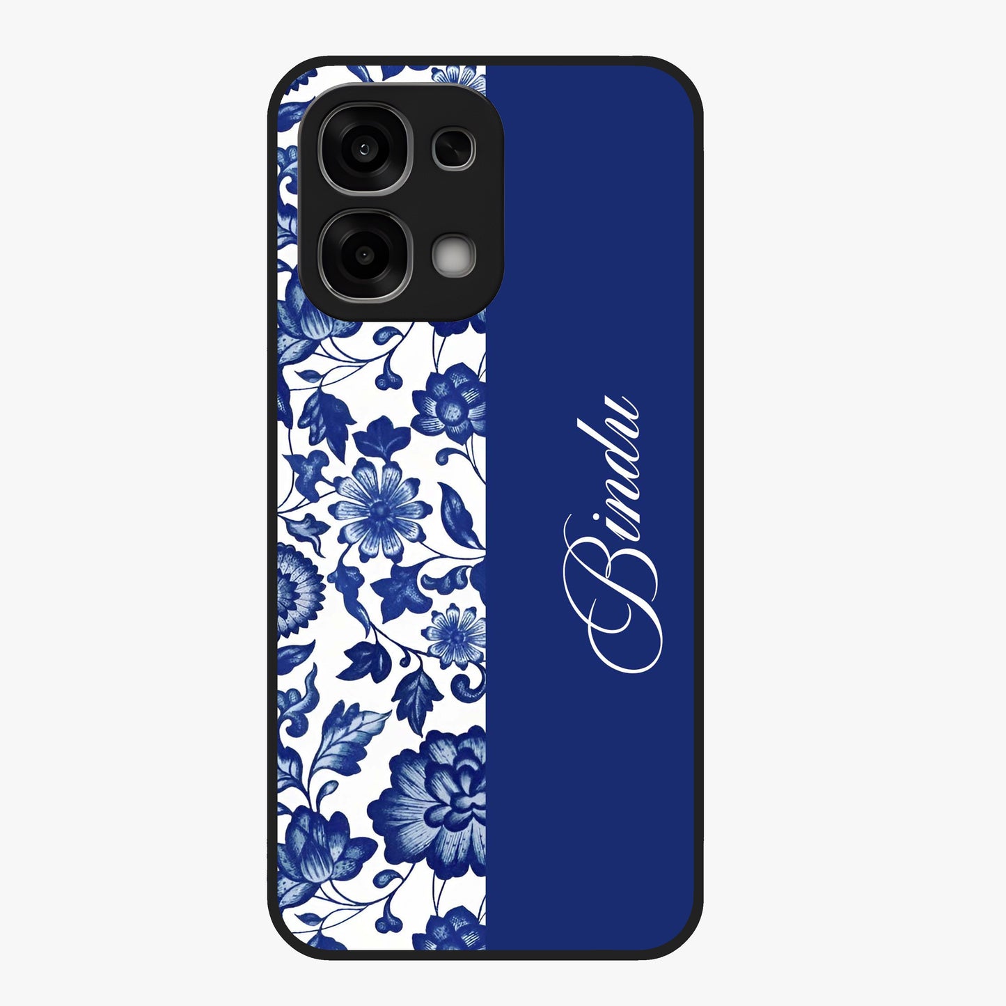 Blue Vintage Floral Pattern Glass Case upright view showcasing timeless floral illustration with vintage inspired style.