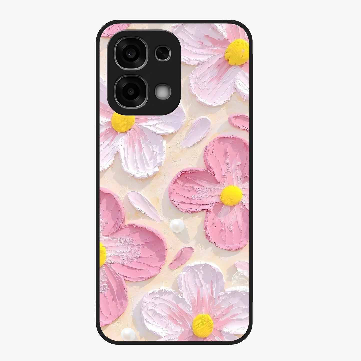 Blush Bloom Texture Glass Case showing flat back view with soft blush floral texture artwork and glossy glass finish.