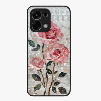 Blush Mosaic Bloom Glass Case showing flat back view with mosaic floral bloom artwork and glossy glass finish.