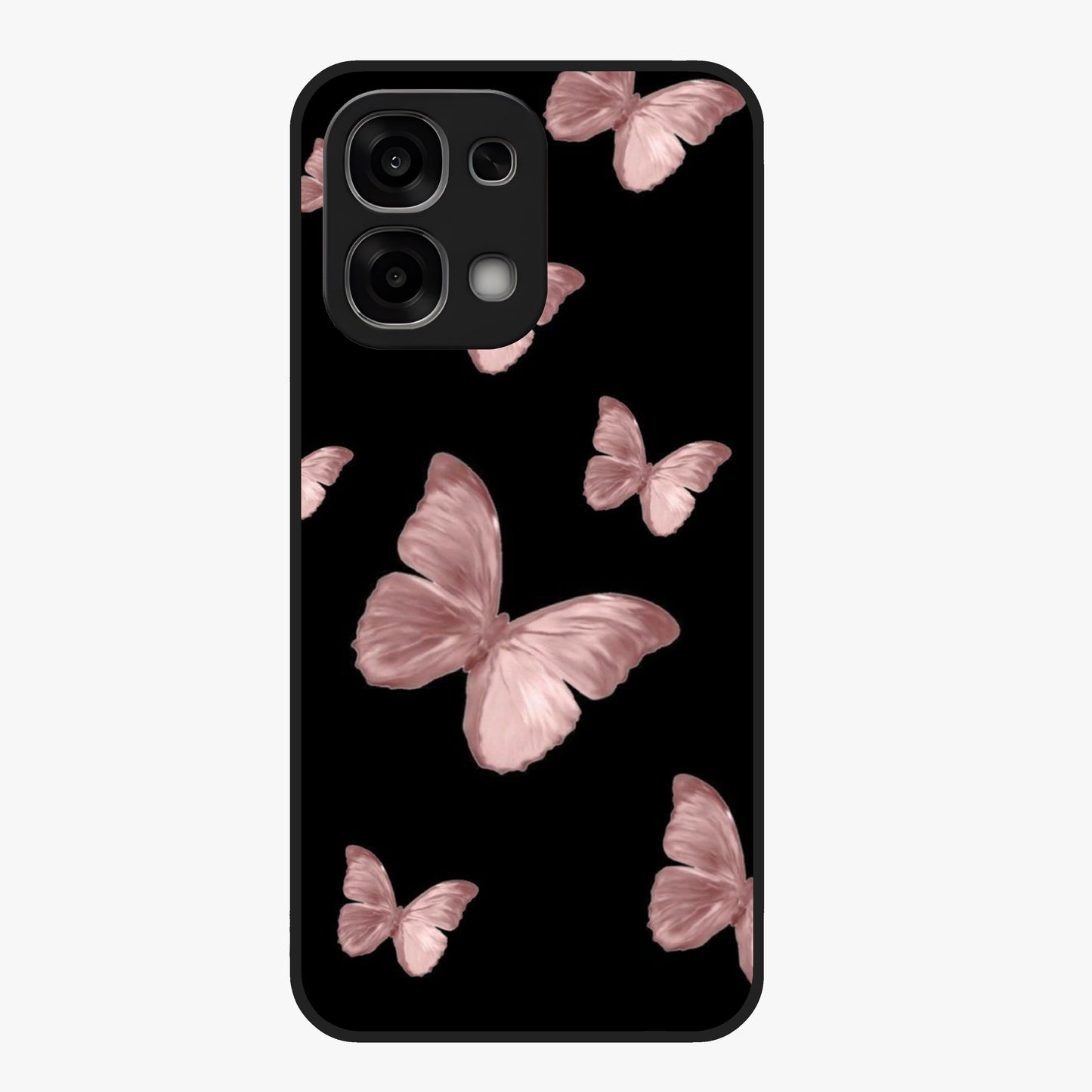 Butterfly Pattern Glass Case showing flat back view with elegant butterfly pattern artwork and glossy glass finish.