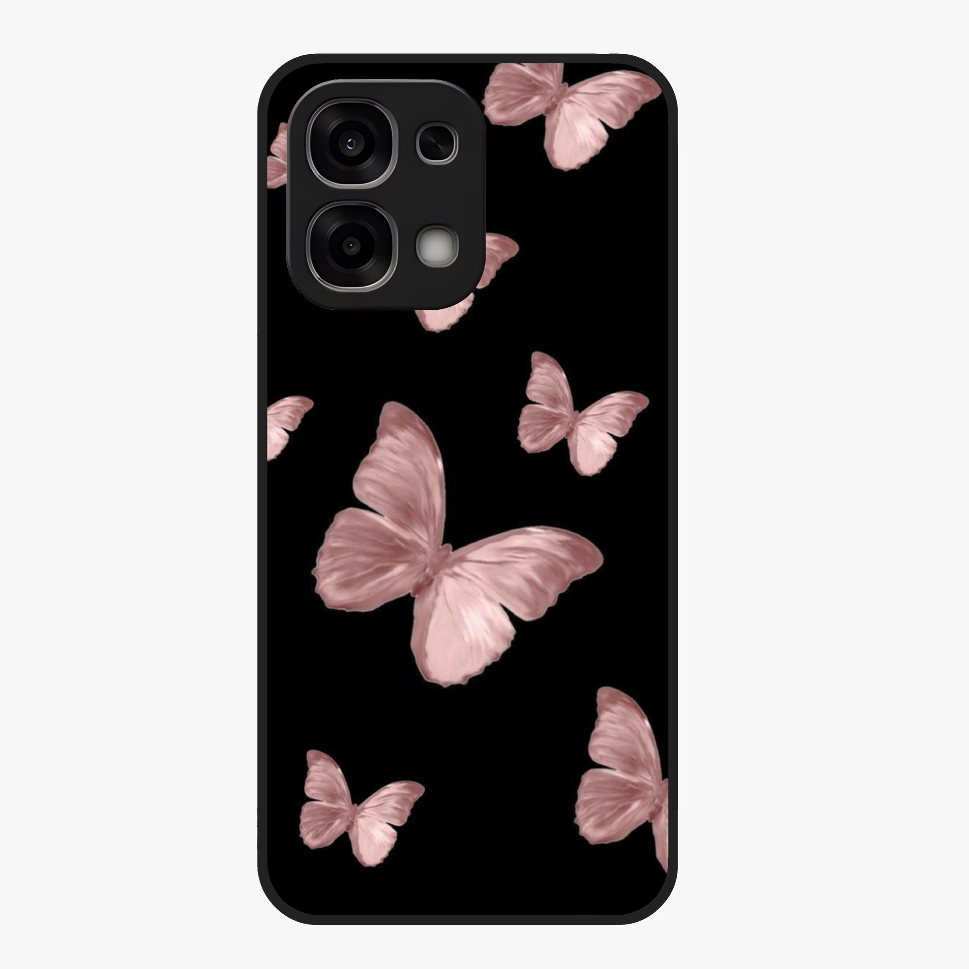Butterfly Pattern Glass Case showing flat back view with elegant butterfly pattern artwork and glossy glass finish.