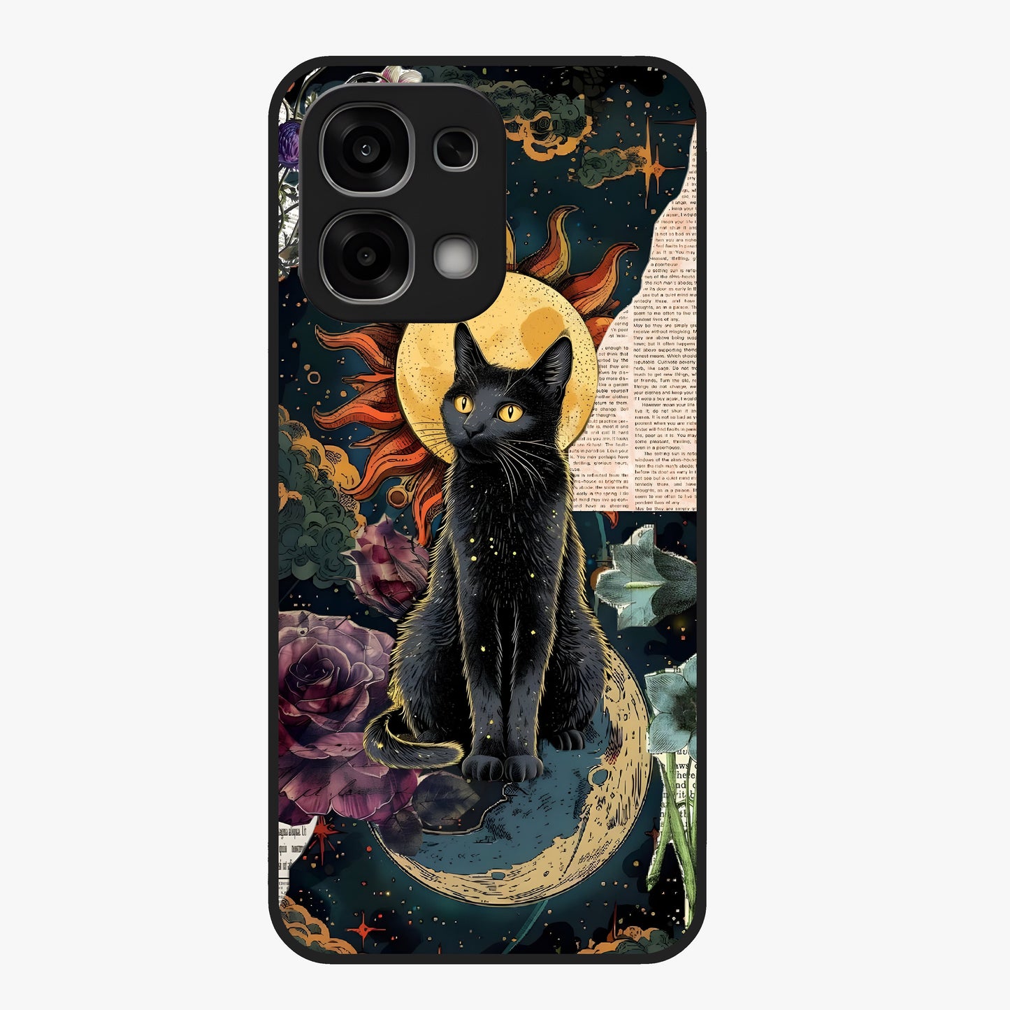 Celestial Black Cat Glass Case showing flat back view with mystical black cat artwork and glossy glass finish.