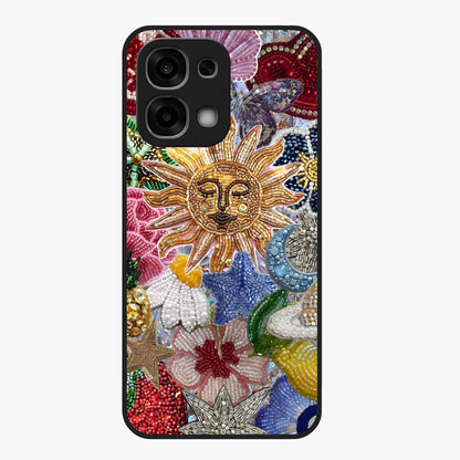 Celestial Floral and Playful Glass Case showing flat back view with floral and celestial themed artwork and glossy glass finish.