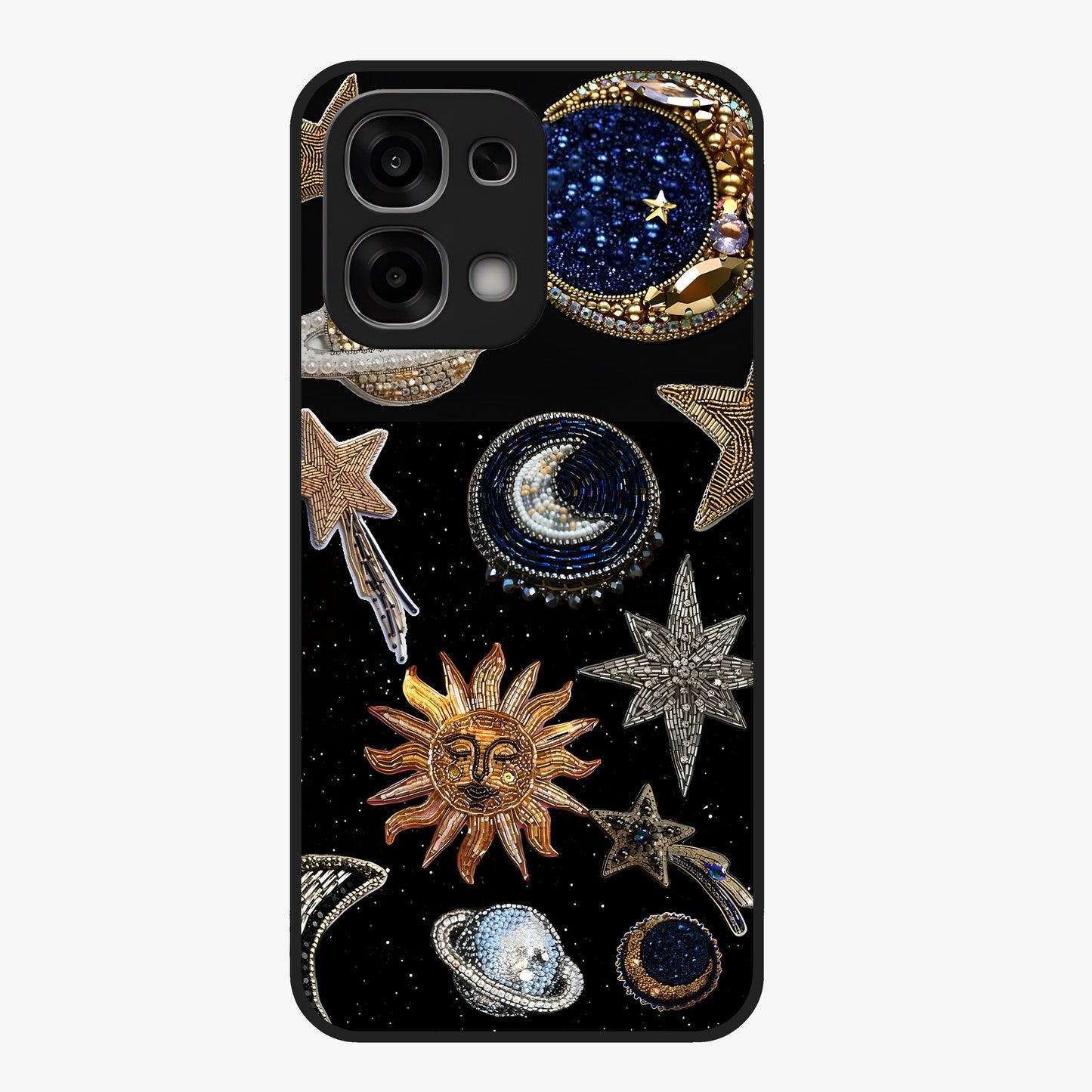 Celestial Gem Constellations Glass Case showing flat back view with sparkling constellation artwork and glossy glass finish.