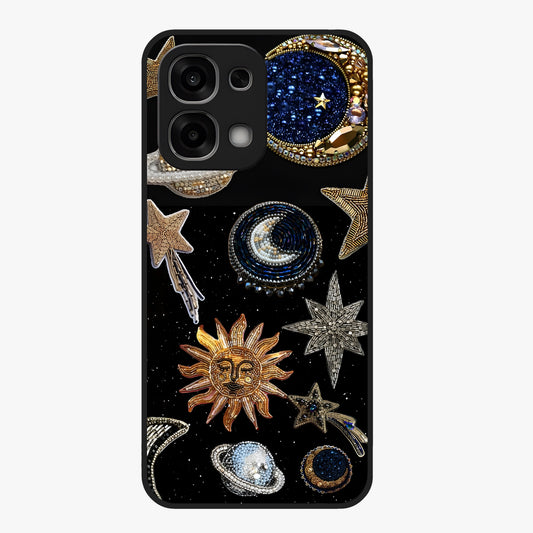 Celestial Gem Constellations Glass Case showing flat back view with sparkling constellation artwork and glossy glass finish.