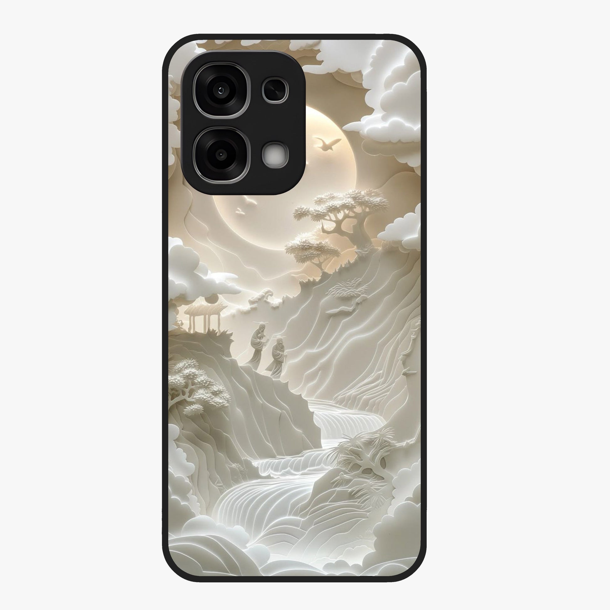 Celestial Origami Glass Case showing flat back view with artistic origami inspired celestial artwork and glossy glass finish.
