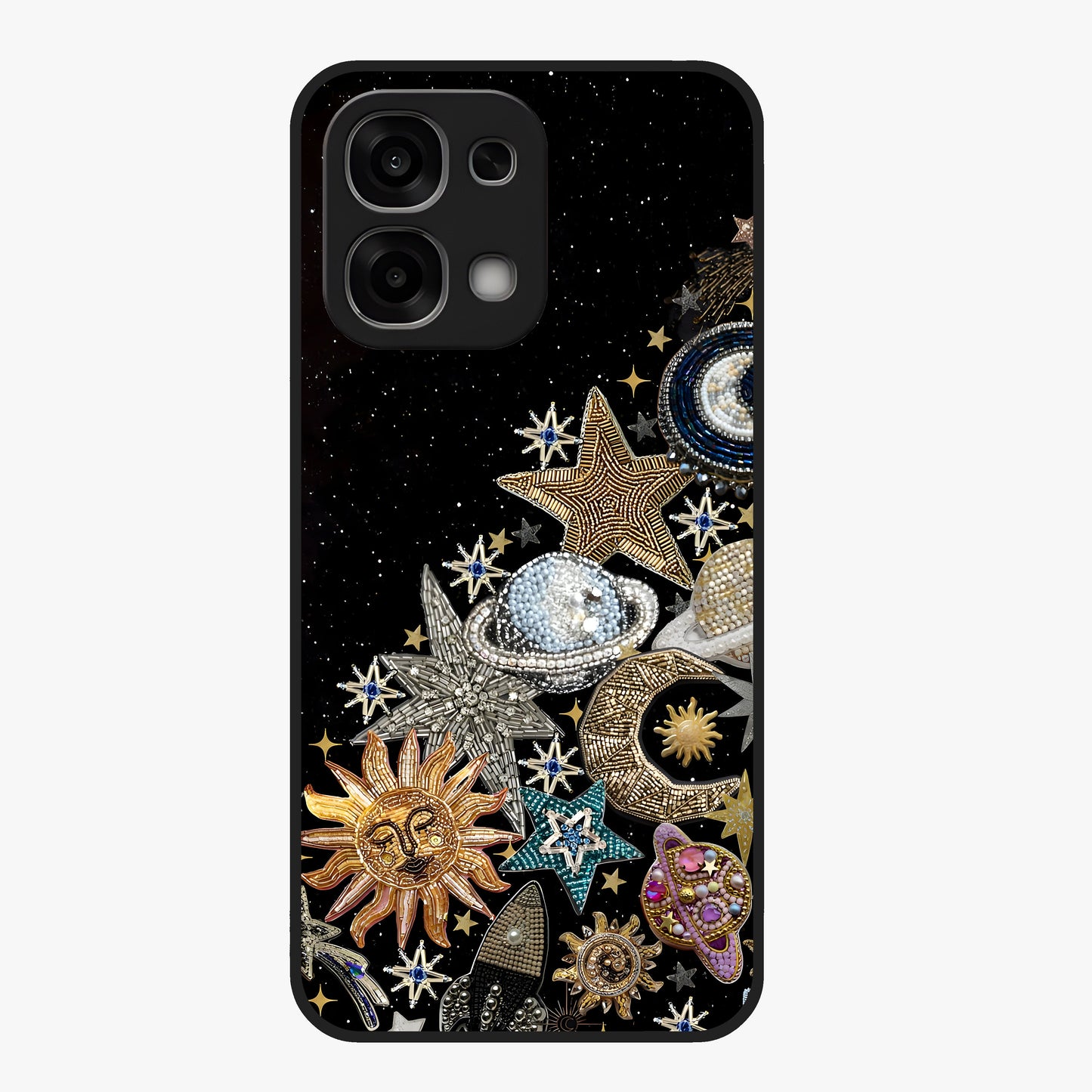Cosmic Sparkle Dreams Glass Case showing flat back view with sparkling cosmic artwork and glossy glass finish.