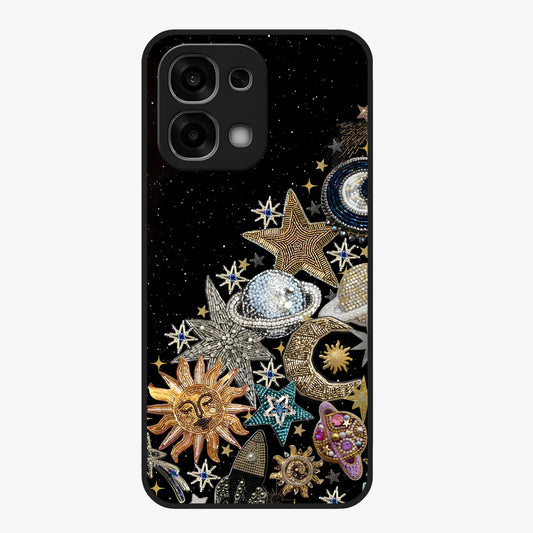 Cosmic Sparkle Dreams Glass Case showing flat back view with sparkling cosmic artwork and glossy glass finish.