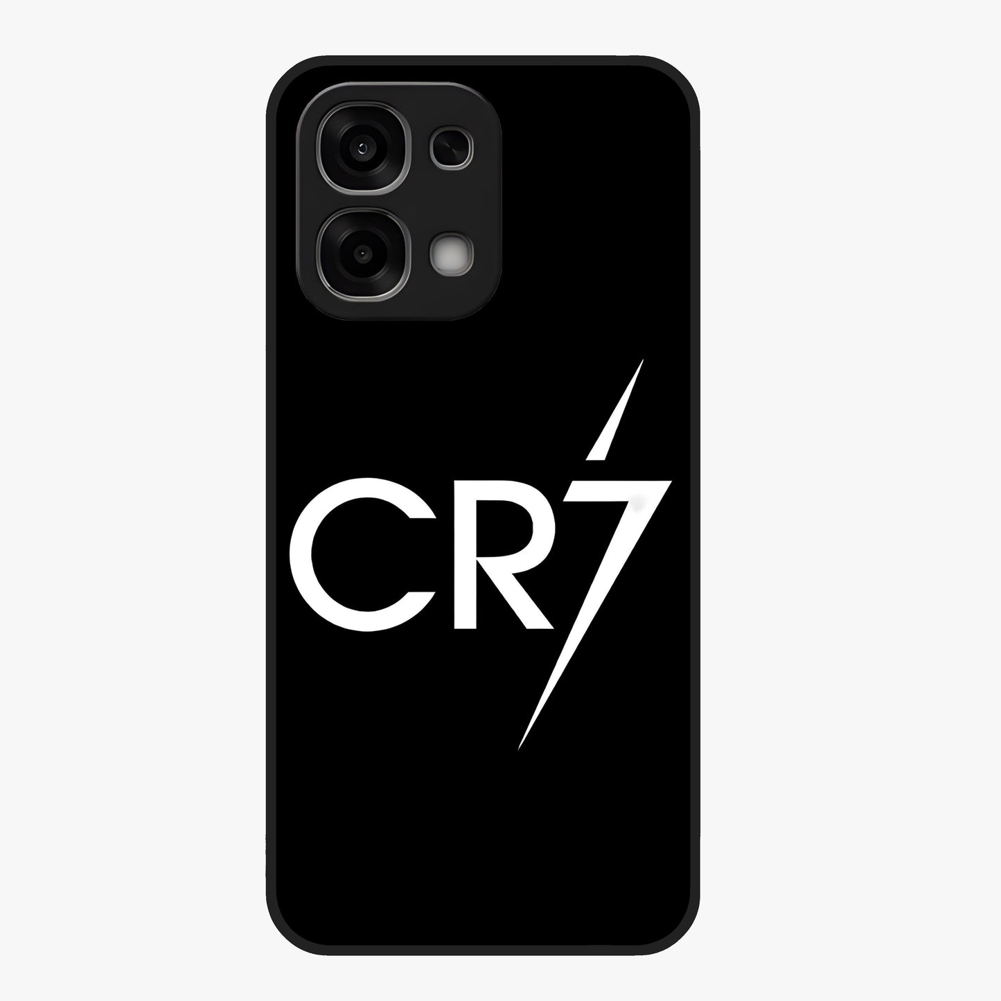 Cr7 Elite Strike Glass Case showing flat back view with dynamic football inspired artwork and glossy glass finish.