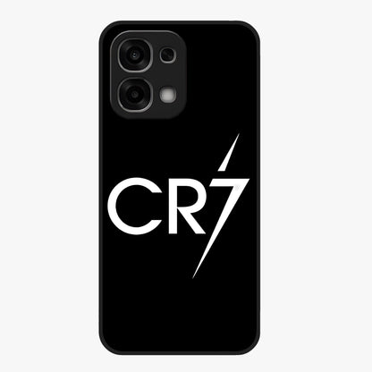 Cr7 Elite Strike Glass Case showing flat back view with dynamic football inspired artwork and glossy glass finish.