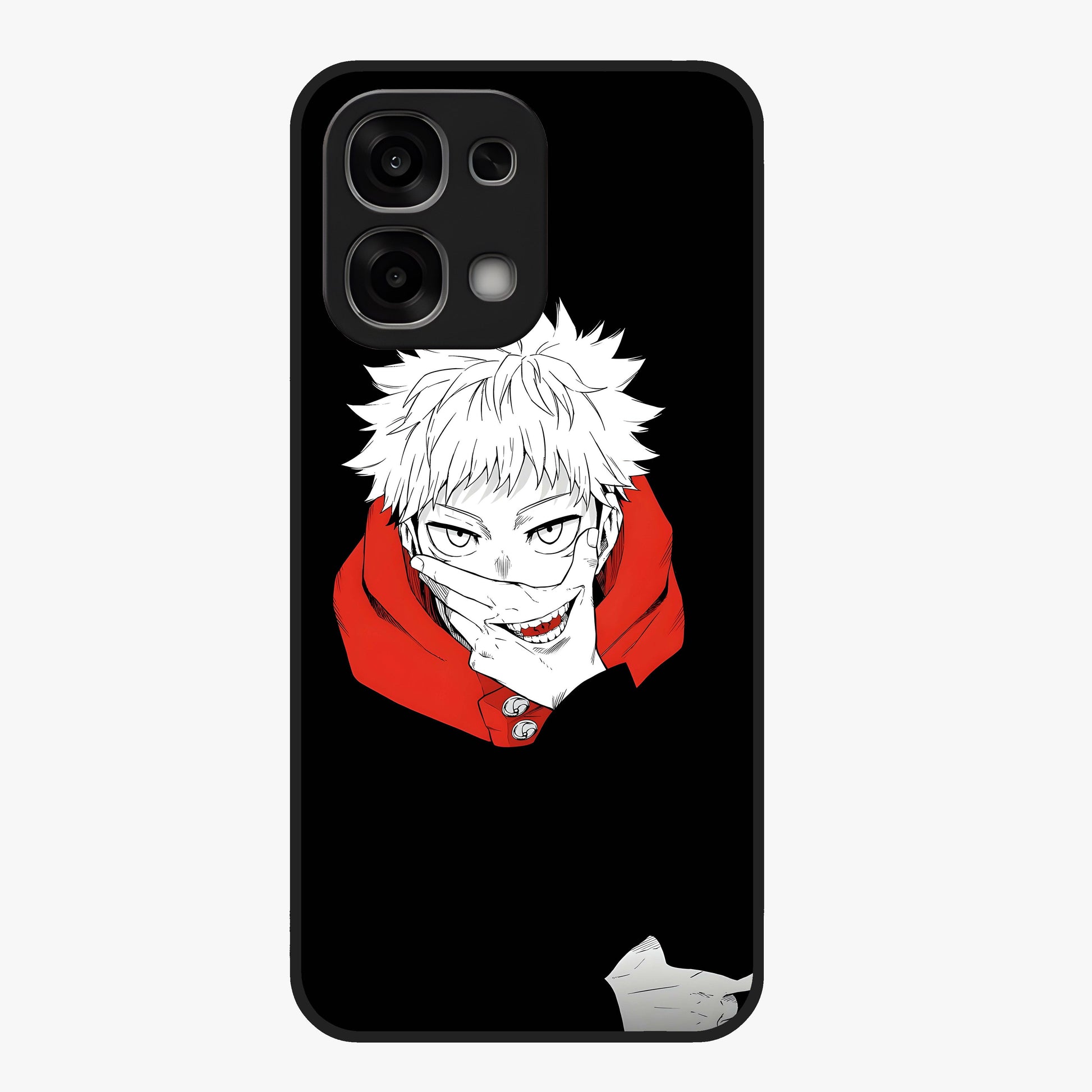 Crimson Chaos Smile Glass Case showing flat back view with bold chaotic smile artwork and glossy glass finish.