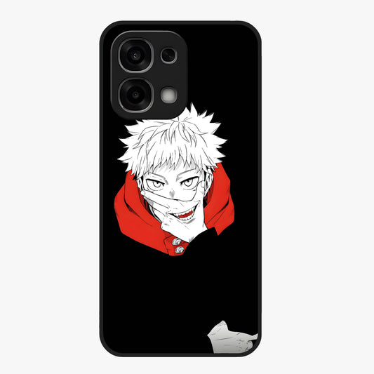 Crimson Chaos Smile Glass Case showing flat back view with bold chaotic smile artwork and glossy glass finish.
