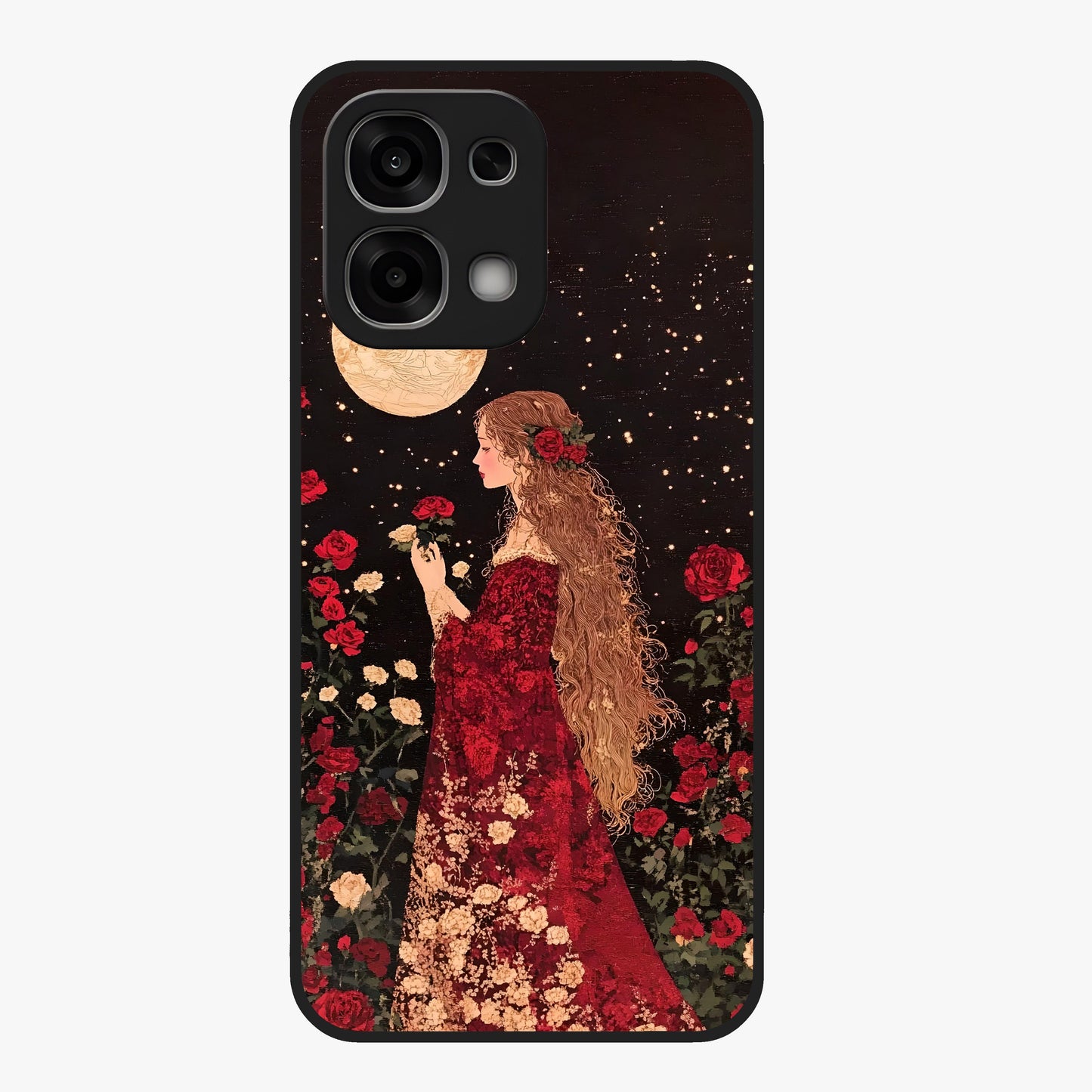 Crimson Dreams Glass Case showing flat back view with dreamy crimson artwork and glossy glass finish.