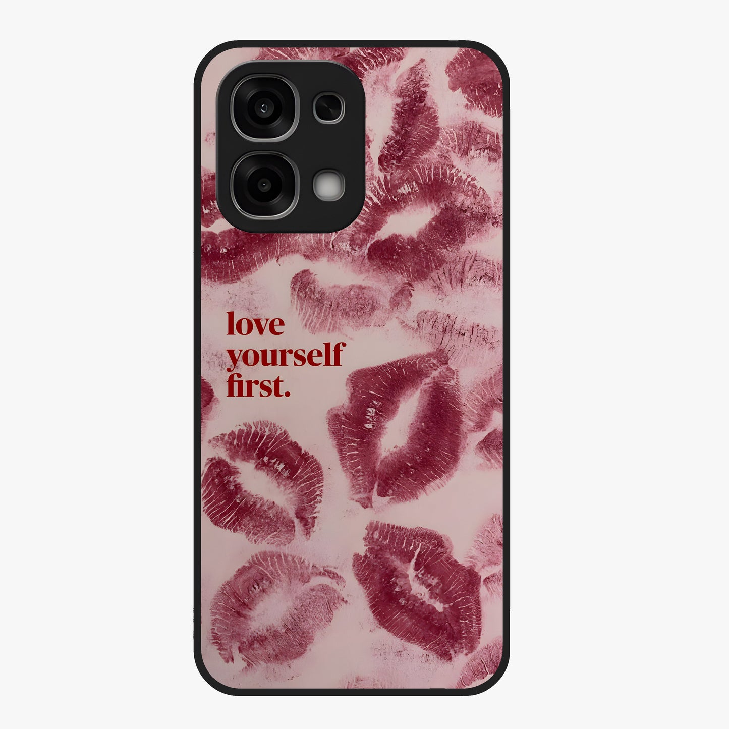 Crimson Kiss Love Glass Case showing flat back view with romantic crimson themed artwork and glossy glass finish.