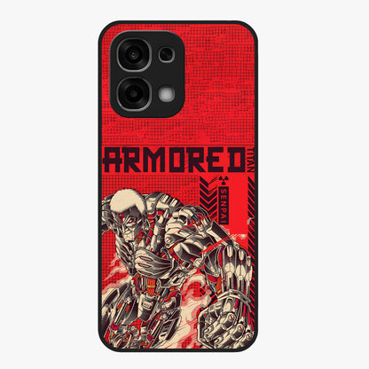 Crimson Mecha Titan Glass Case showing flat back view with powerful mech titan artwork and glossy glass finish.