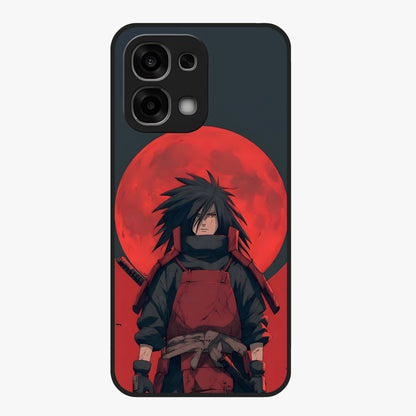 Crimson Moon Warlord Glass Case showing flat back view with mystical moon warrior artwork and glossy glass finish.