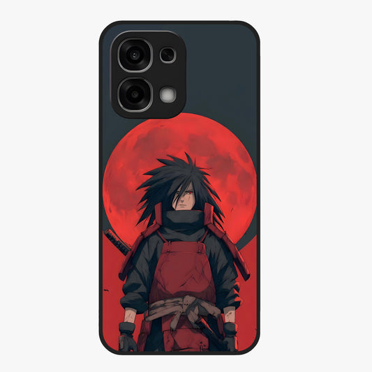 Crimson Moon Warlord Glass Case showing flat back view with mystical moon warrior artwork and glossy glass finish.