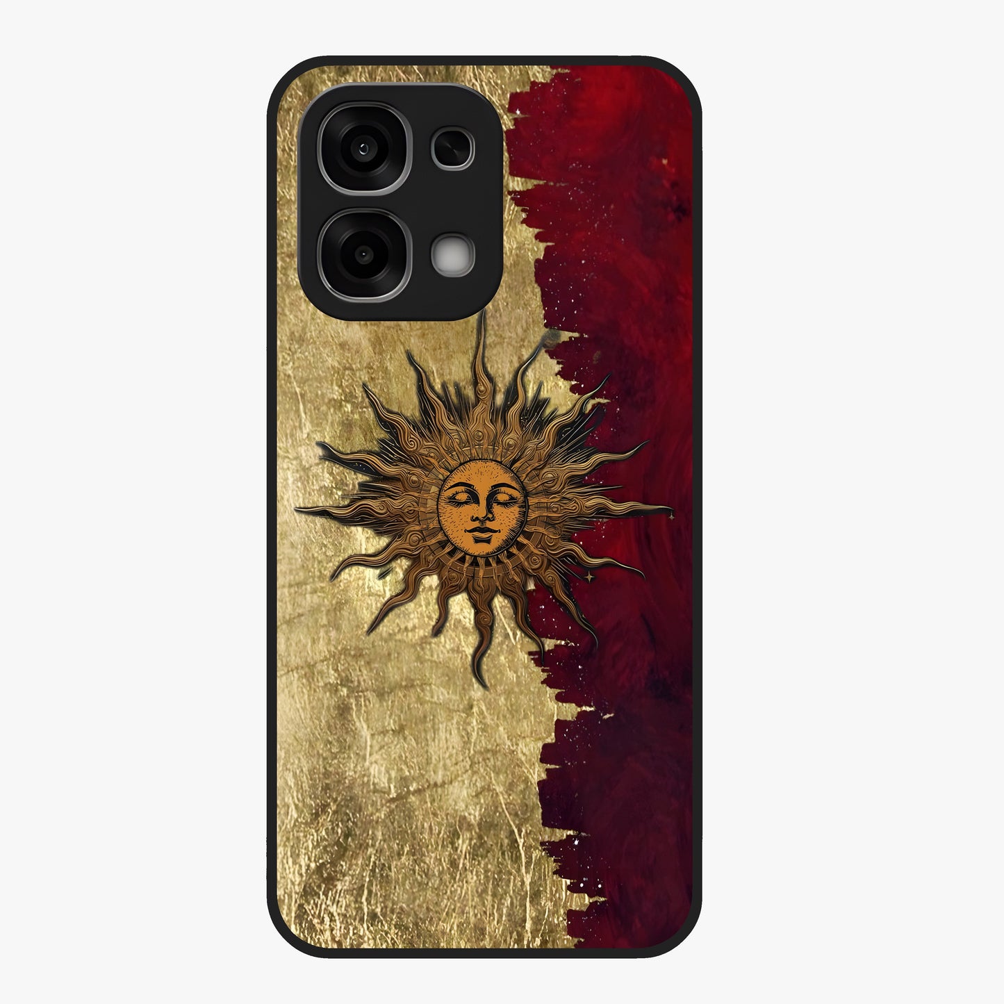 Crimson Sun Majesty Glass Case showing flat back view with radiant sun inspired artwork and glossy glass finish.