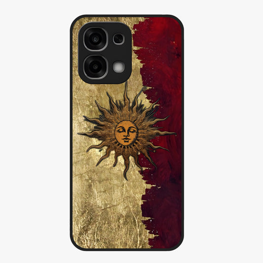 Crimson Sun Majesty Glass Case showing flat back view with radiant sun inspired artwork and glossy glass finish.