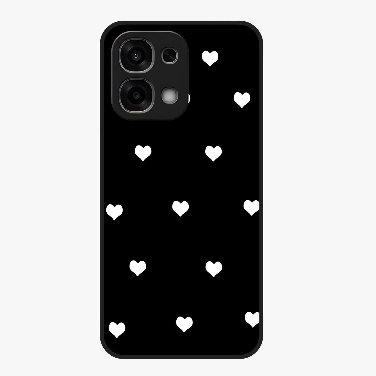 Cute And Simple White Hearts Glass Case showing flat back view with minimal white heart pattern and glossy glass finish.