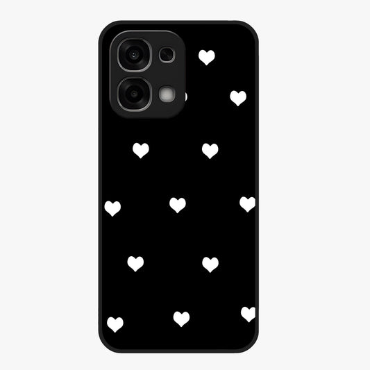 Cute And Simple White Hearts Glass Case showing flat back view with minimal white heart pattern and glossy glass finish.