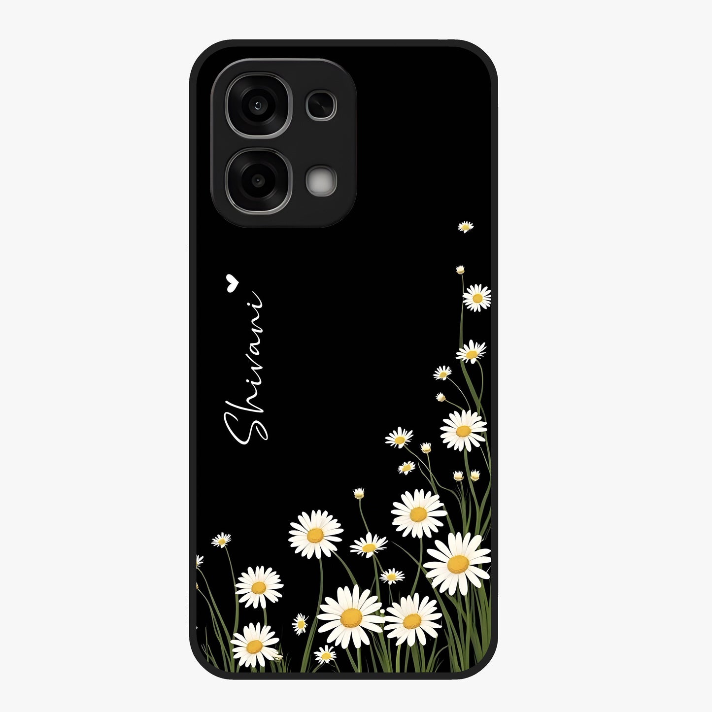 Daisy Cascade Custom Name Glass Case showing flat back view with cascading daisy flowers and personalized name design.