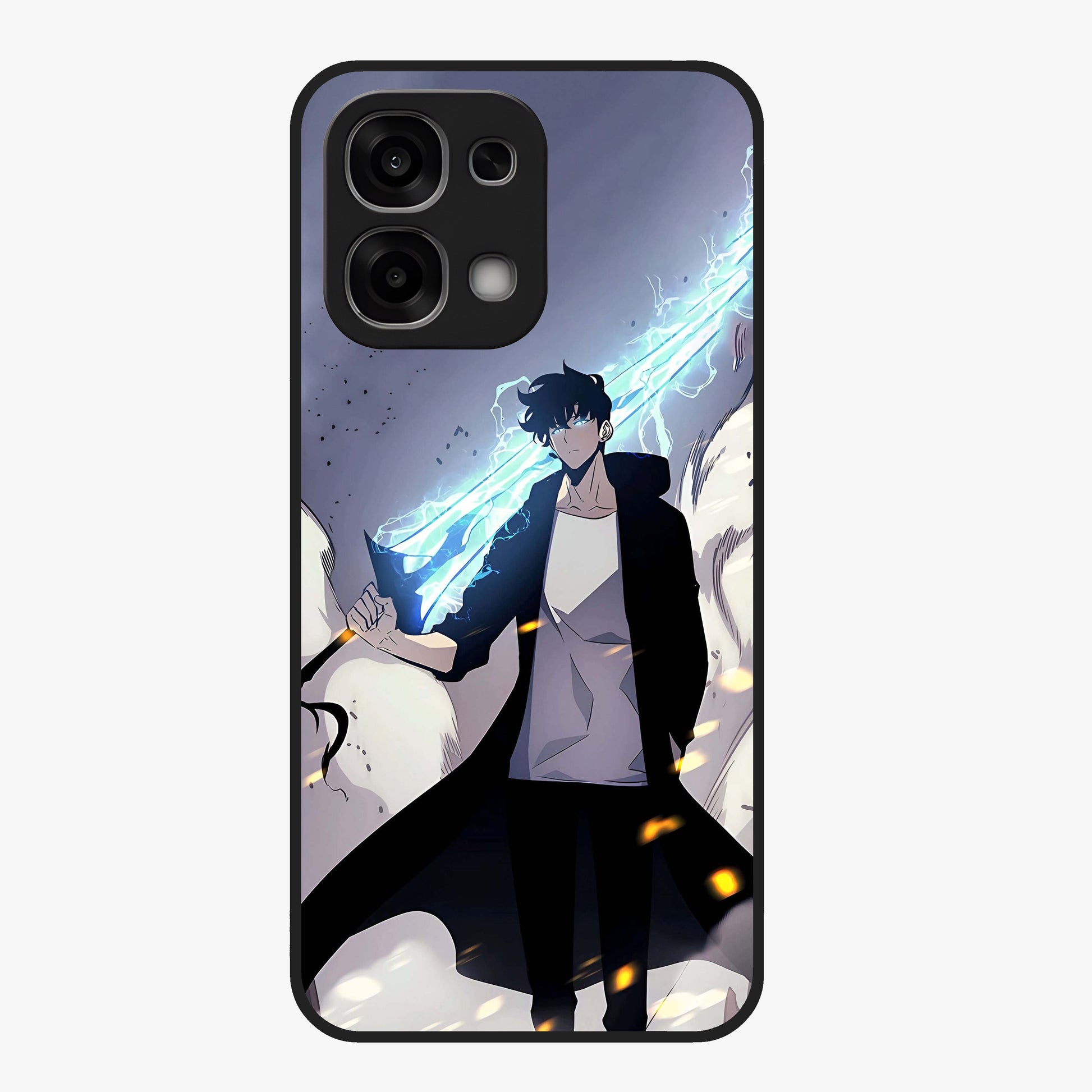 Dark Lightning Anime Warrior Glass Case showing flat back view with intense anime warrior artwork and glossy glass finish.