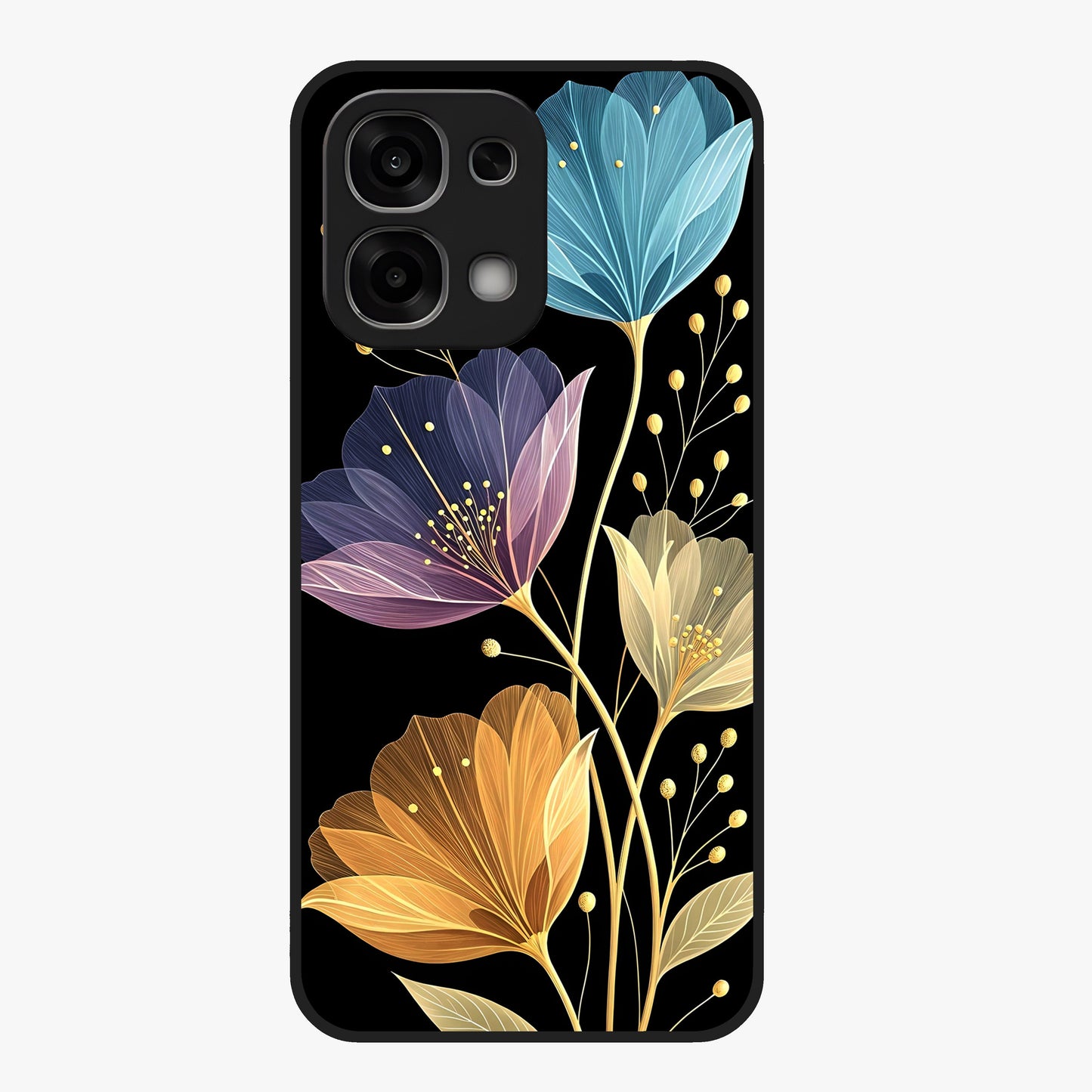 Delicate Multicolor Flowers Glass Case showing flat back view with vibrant floral artwork and glossy glass finish.
