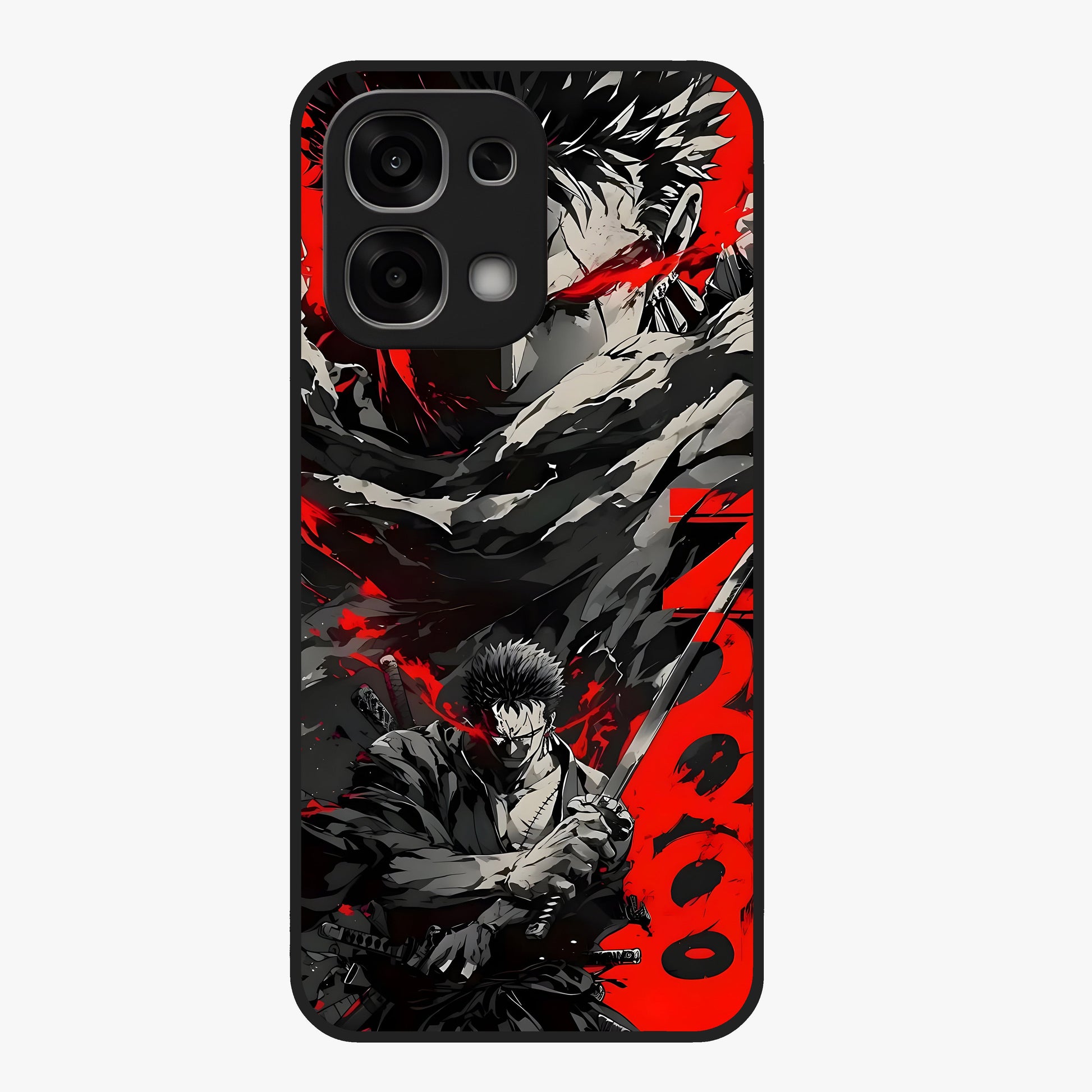 Demon Sword Resolve Glass Case showing flat back view with fierce sword warrior artwork and glossy glass finish.