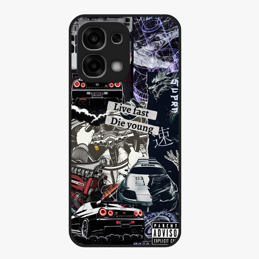 Die Young Glass Case showing flat back view with bold artistic typography design and glossy glass finish.