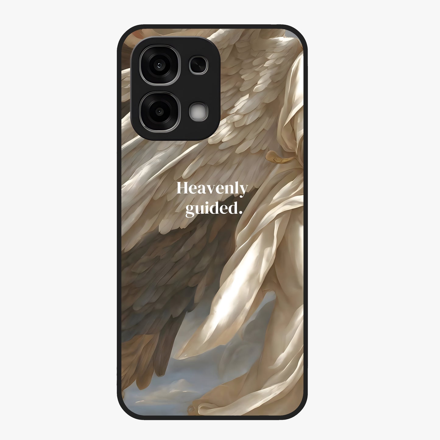 Divine Winged Grace Glass Case showing flat back view with elegant wing inspired artwork and glossy glass finish.