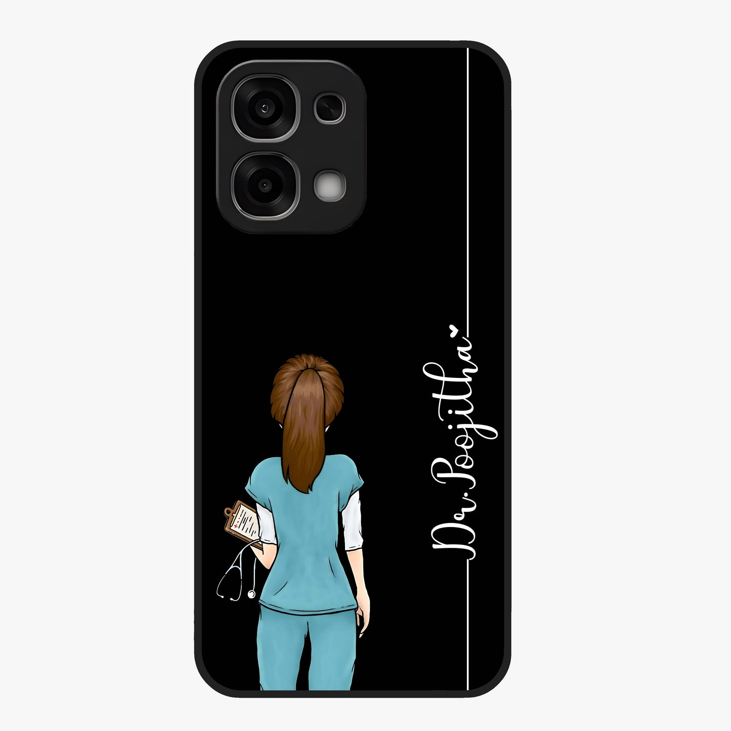 Doctor Pattern Custom Name Glass Case showing flat back view with medical themed pattern and personalized name design.