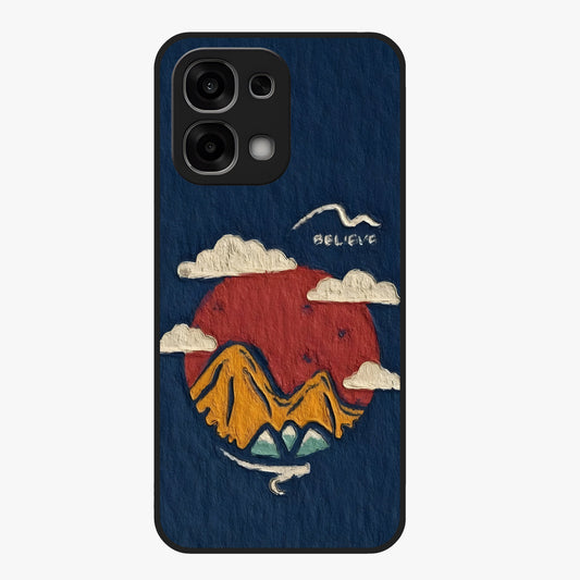 Dream Beyond Mountains Glass Case showing flat back view with scenic mountain landscape artwork and glossy glass finish.