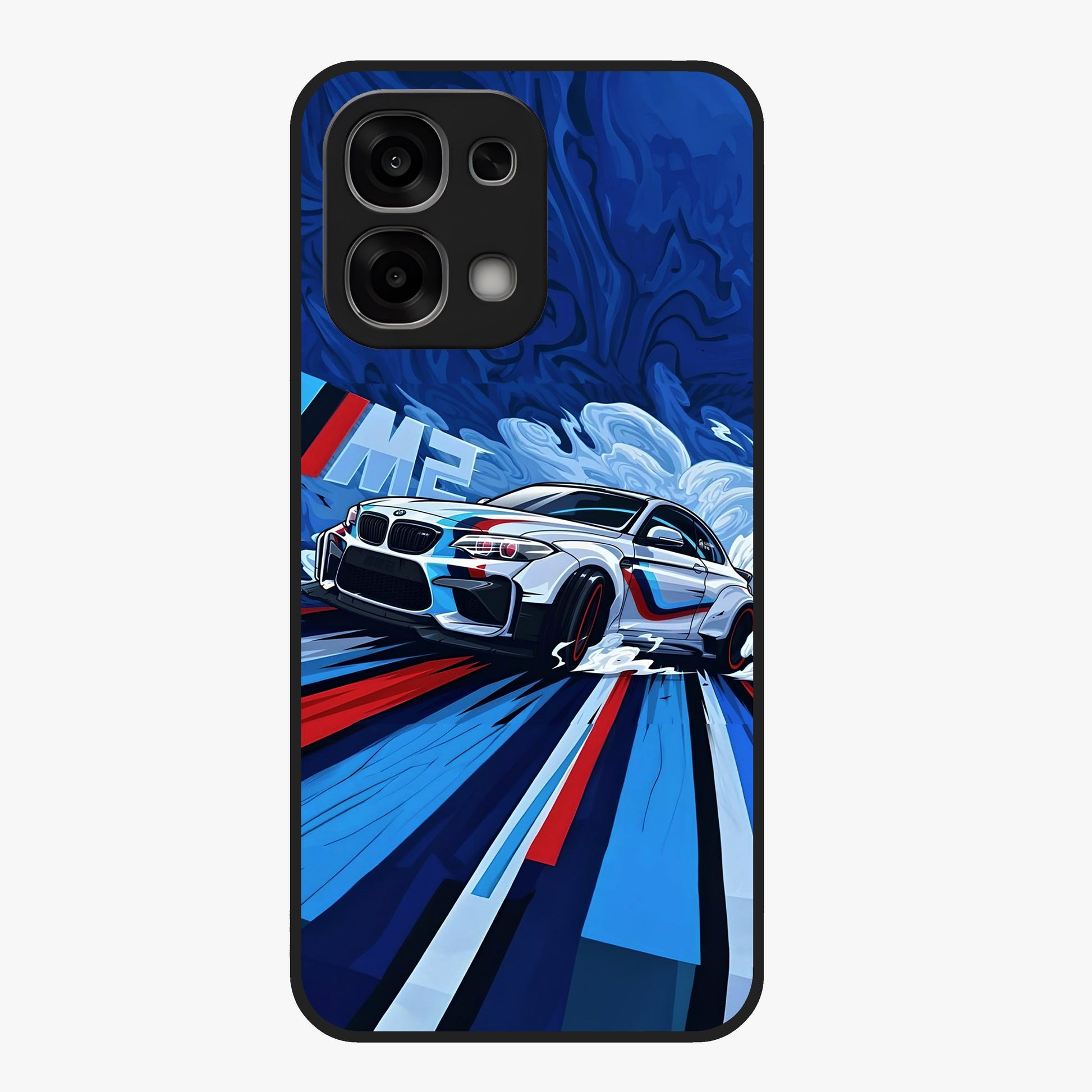 Drift Power Rush Glass Case showing flat back view with dynamic racing inspired artwork and glossy glass finish.