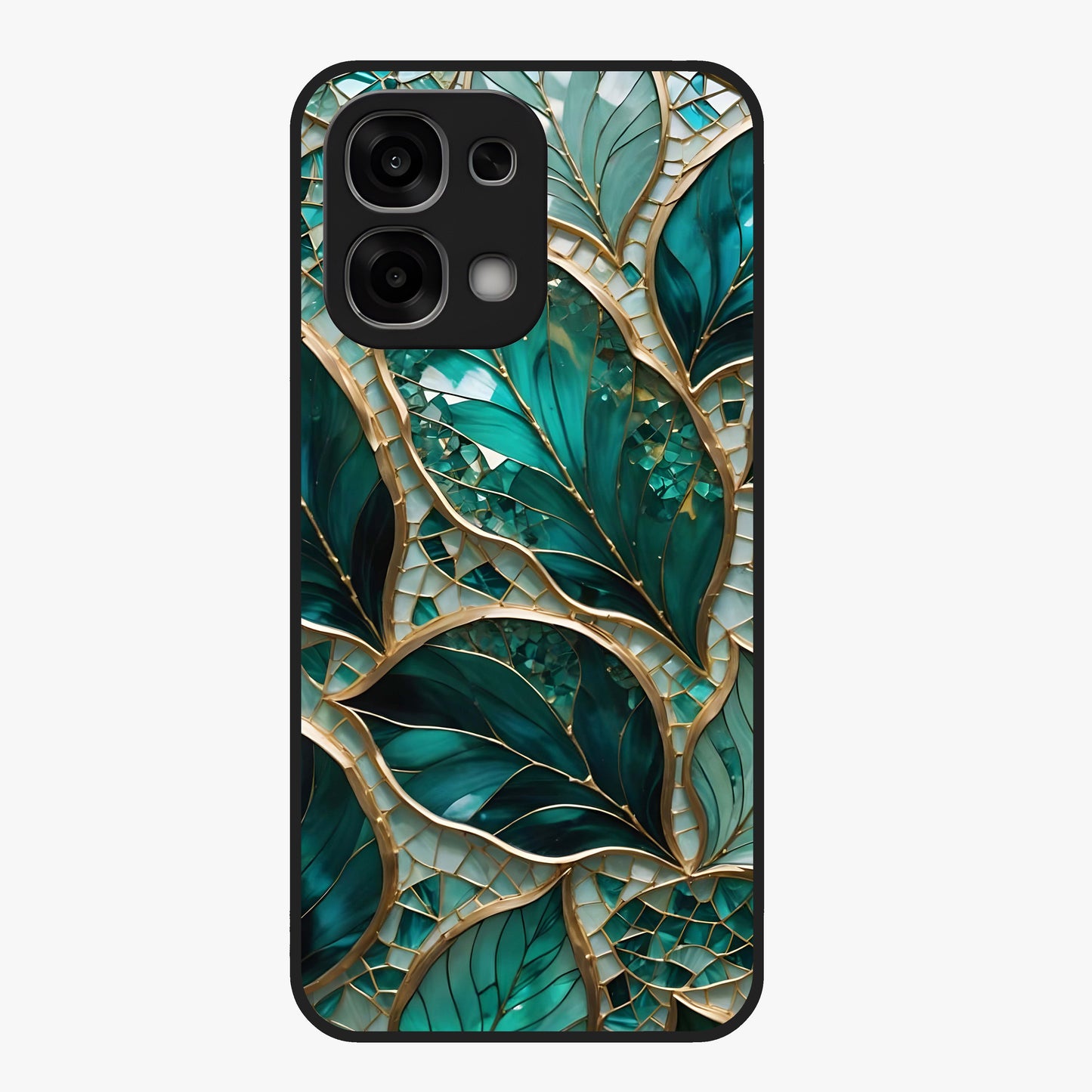 Emerald Leaf Glass Glass Case showing flat back view with emerald green leaf artwork and glossy glass finish.