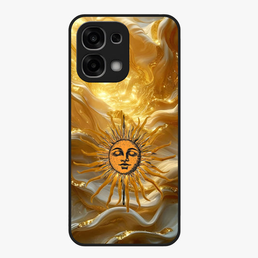 Eternal Golden Glow Glass Case showing flat back view with radiant golden themed artwork and glossy glass finish.
