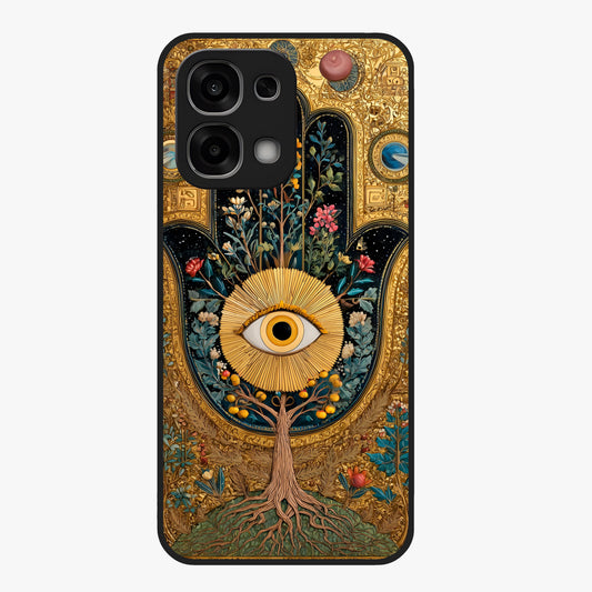 Ethereal Evil Eye Glass Case showing flat back view with mystical evil eye artwork and glossy glass finish.