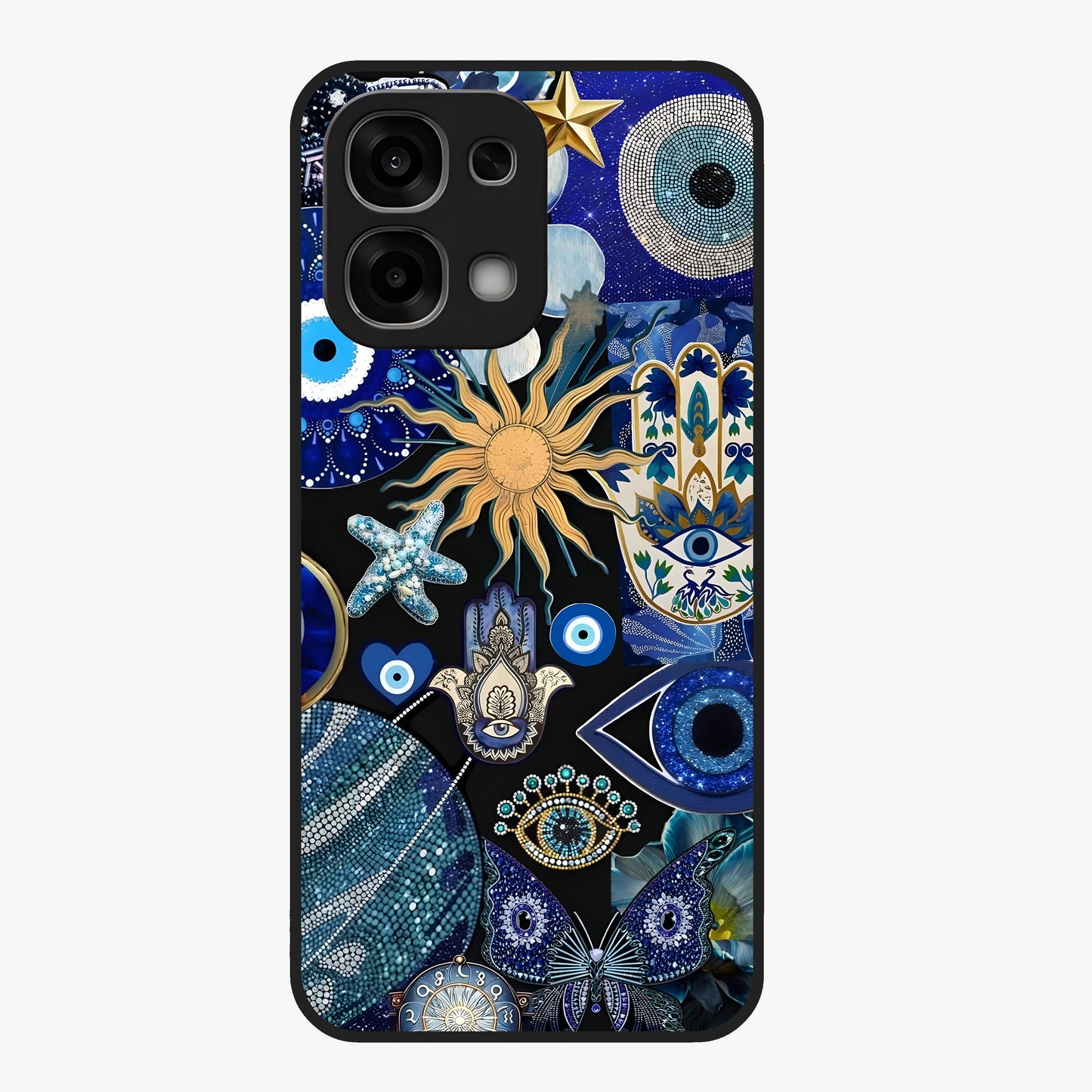 Evil Eye Charm Mix Glass Case showing flat back view with multiple evil eye charms artwork and glossy glass finish.