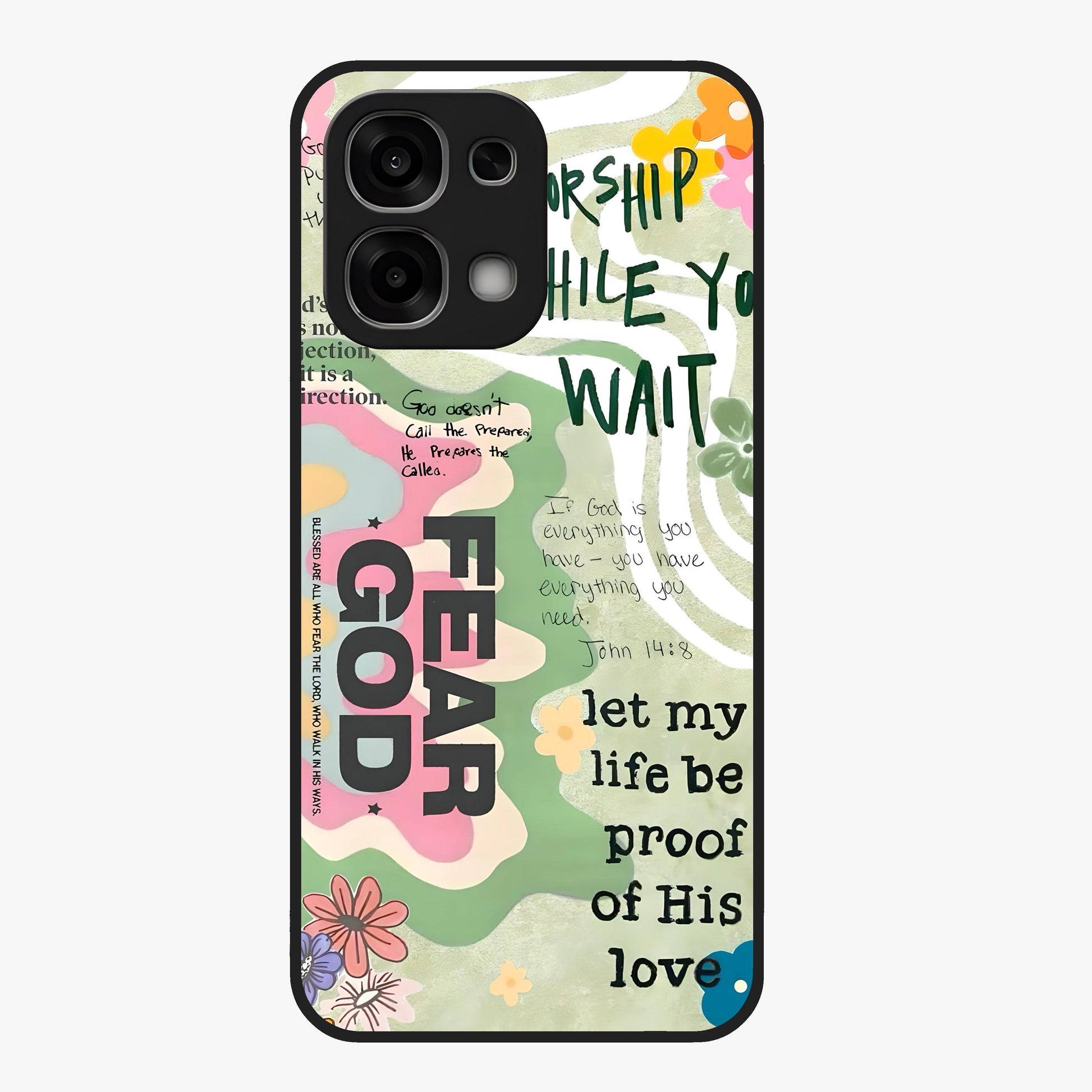 Faith Over Fear Glass Case showing flat back view with motivational typography artwork and glossy glass finish.
