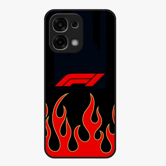 Fire F11 Glass Case showing flat back view with fiery themed artwork and glossy glass finish.