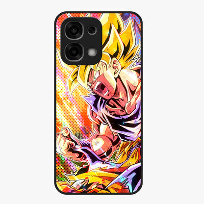 Firing Goku Glass Case showing flat back view with powerful anime inspired artwork and glossy glass finish.